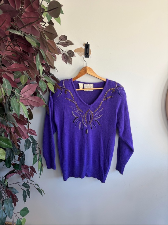 Serenity Sweaters - Purple Embellished V-Neck silk Sweater - , Women Sweaters